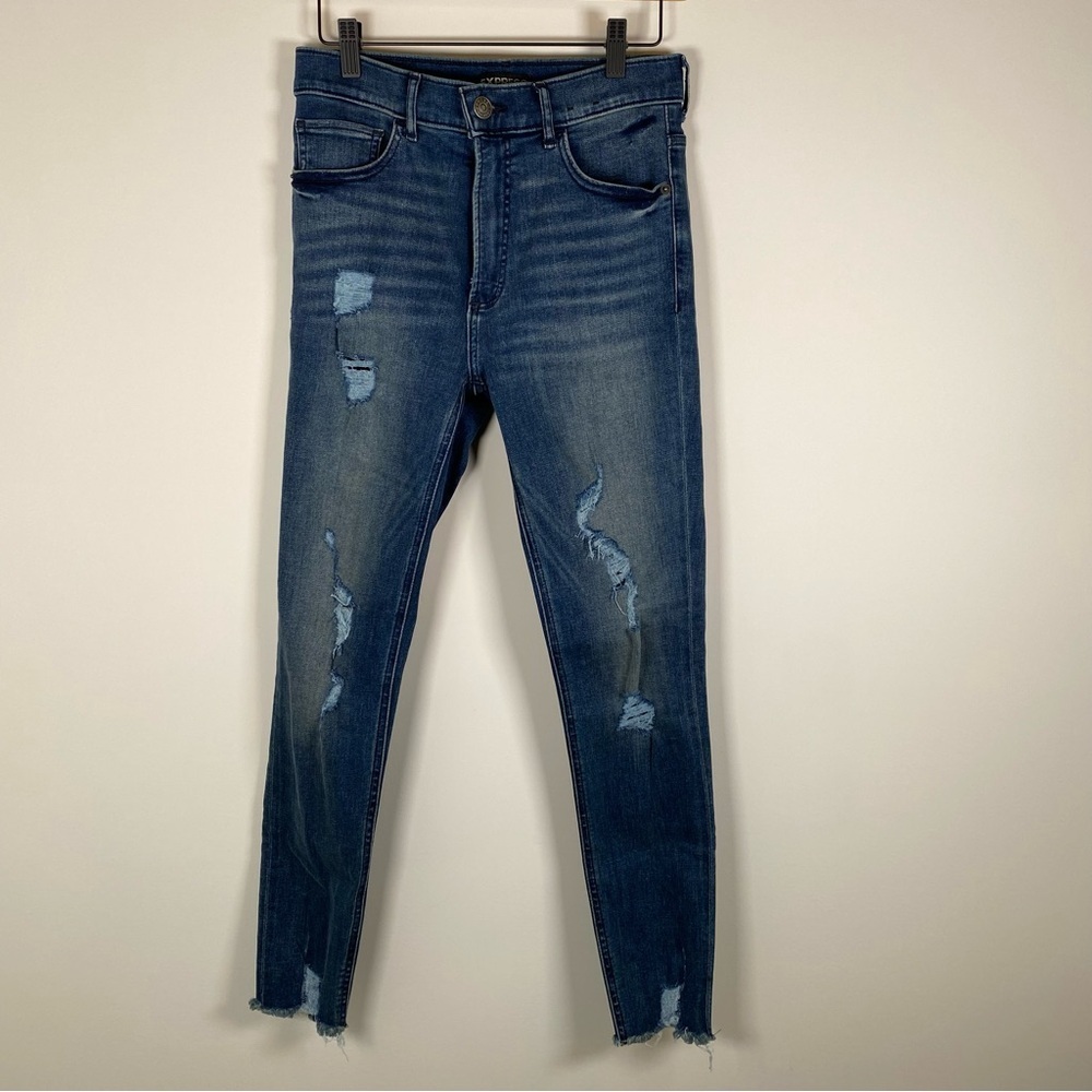 Express Distressed Raw‎ Hem Stretchy High Rise Ankle Leggings Denim Blue Jeans 4